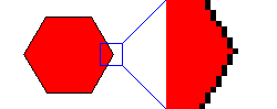 A hexagon with a zoomed section showing aliasing on the slanted edges